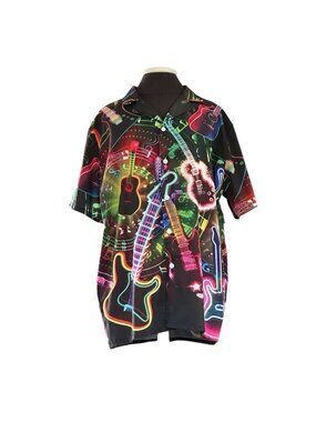 Guitar Print Short Sleeve M Hawaiian Shirt Style Polyester Button Down Collared